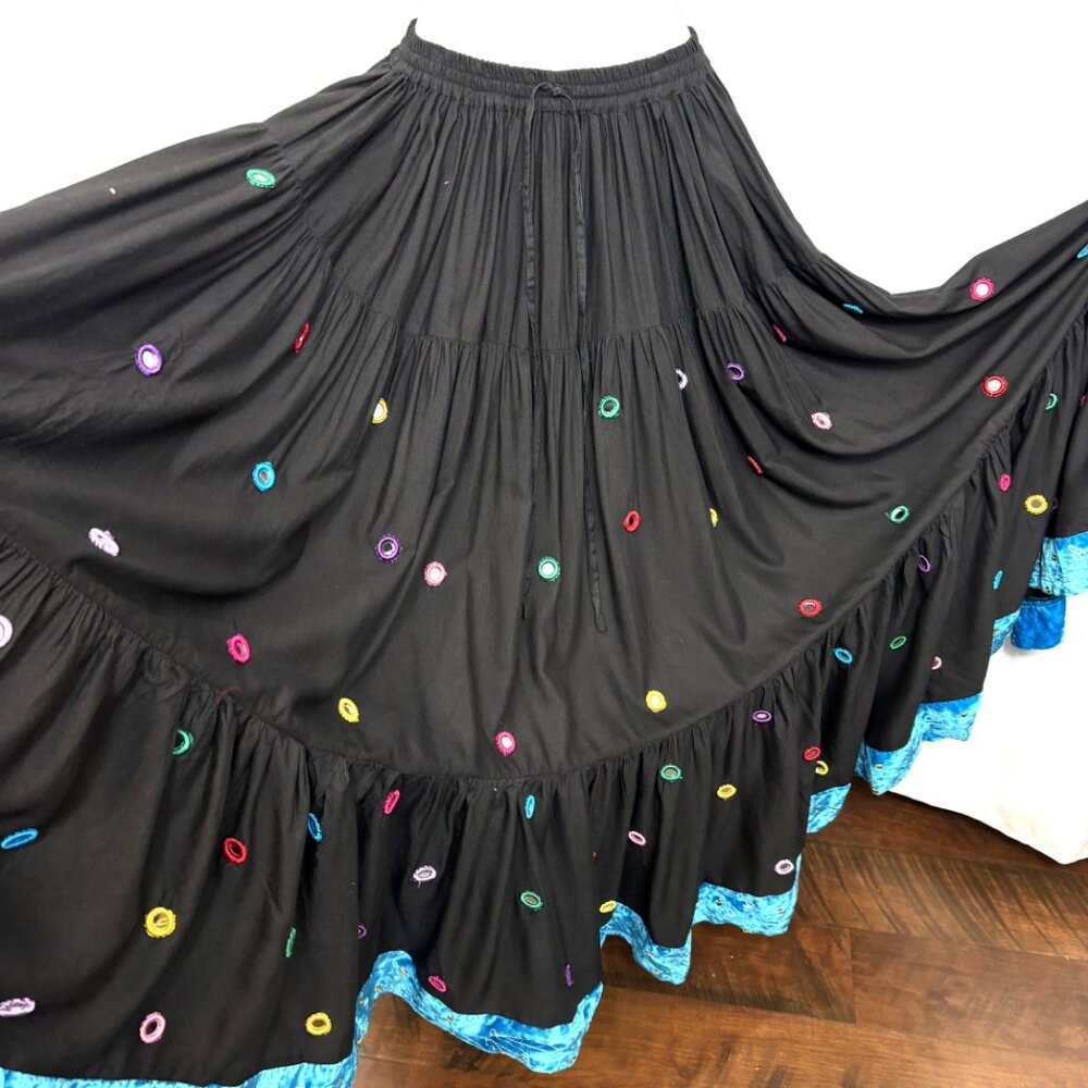 * MYST Dancing Festival Mirrored Circle Tiered Gathered Black Skirt EUC
